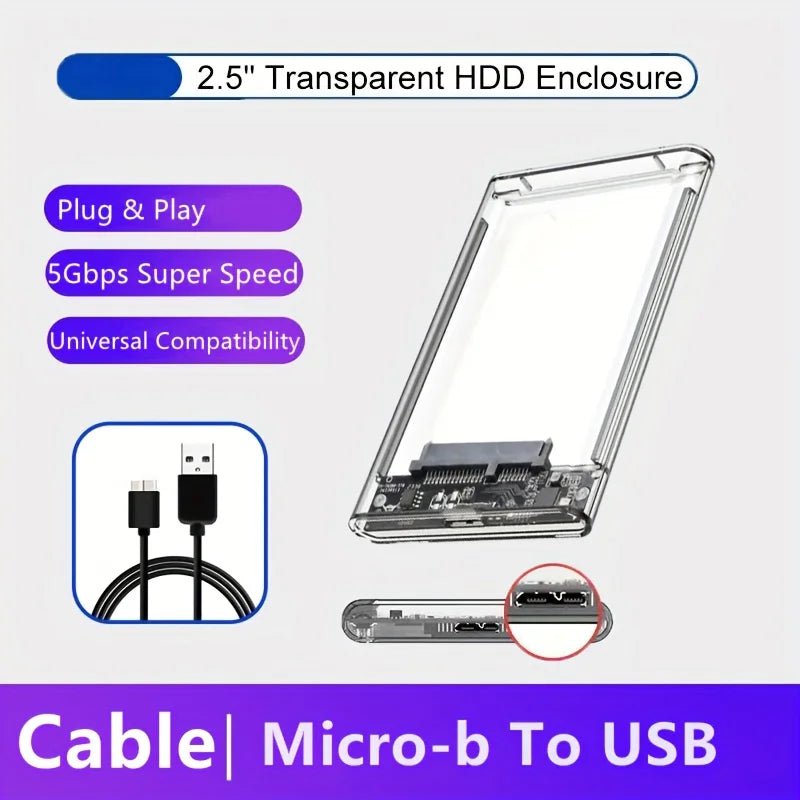 2.5 Inch Transparent Mobile External Hard Drive Case, SATA to USB 3.0/Type C Harddisk Boxs External Enclosure , 5Gbps Tool - Free - FUN GUY WORLD FUN GUYS SHOP FUN GUY WORLD 14:350850Micro B-USB A  Micro B - USB A 2.5 Inch Transparent Mobile External Hard Drive Case, SATA to USB 3.0/Type C Harddisk Boxs External Enclosure , 5Gbps Tool - Free FUN GUYS SHOP FUN GUY WORLD