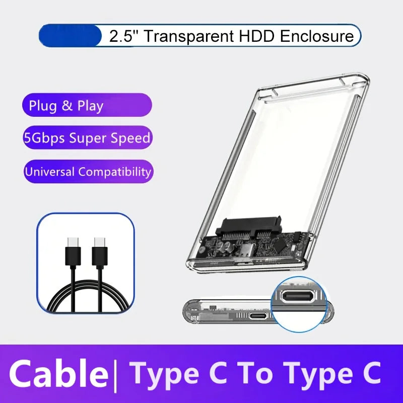 2.5 Inch Transparent Mobile External Hard Drive Case, SATA to USB 3.0/Type C Harddisk Boxs External Enclosure , 5Gbps Tool-Free FUN GUYS SHOP   FUN GUY WORLD