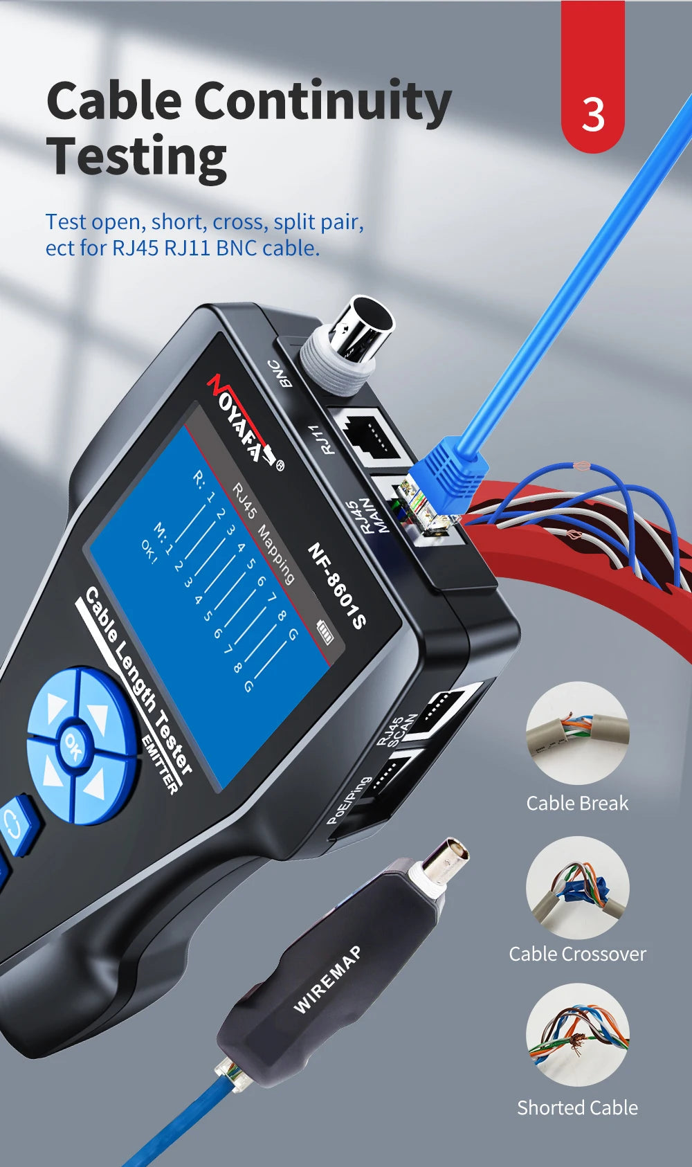 NOYAFA NF-8601S Network Cable Tester Anti-Interference Cable Tracker PING Tester RJ45 RJ11 Measure Length Tester Network Tools FUN GUYS SHOP   FUN GUY WORLD