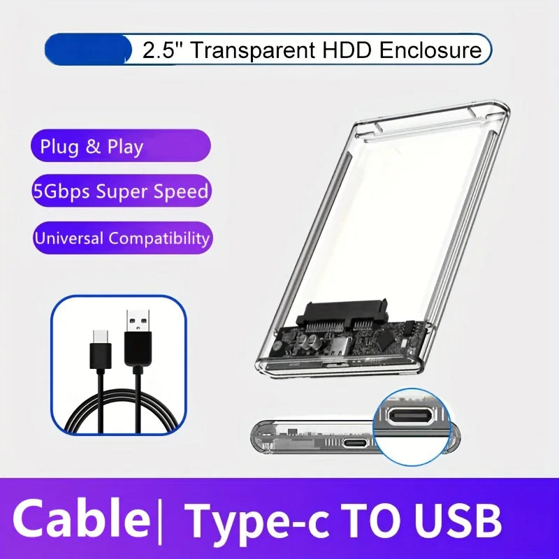2.5 Inch Transparent Mobile External Hard Drive Case, SATA to USB 3.0/Type C Harddisk Boxs External Enclosure , 5Gbps Tool-Free FUN GUYS SHOP   FUN GUY WORLD